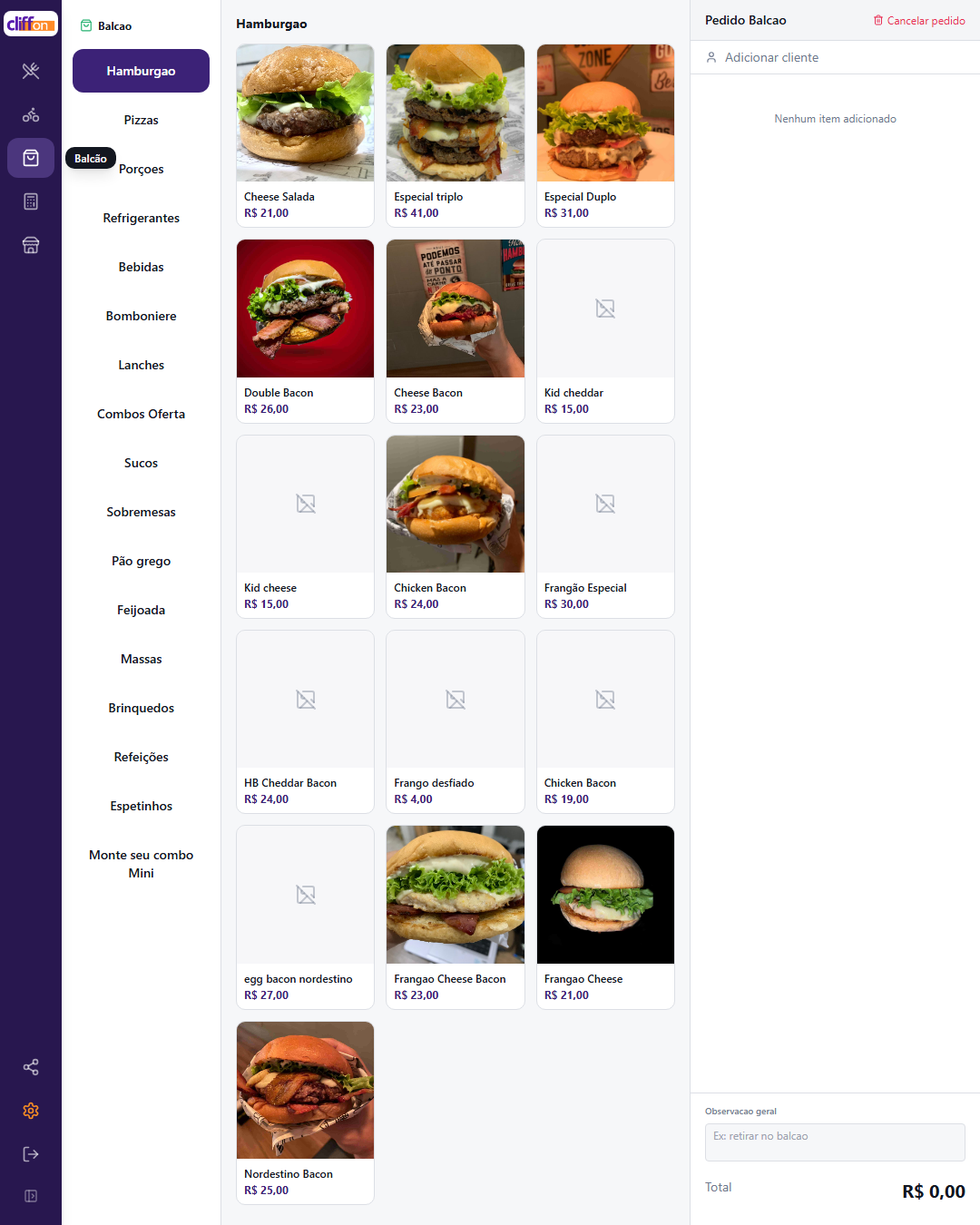 Tela do balcão do Cliffon mostrando pedido de açaí organizado por etapas — tamanho, base, toppings e adicionais